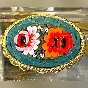 Vintage Italian Micro Mosaic Brooch Gold Tone Green Background Flowers